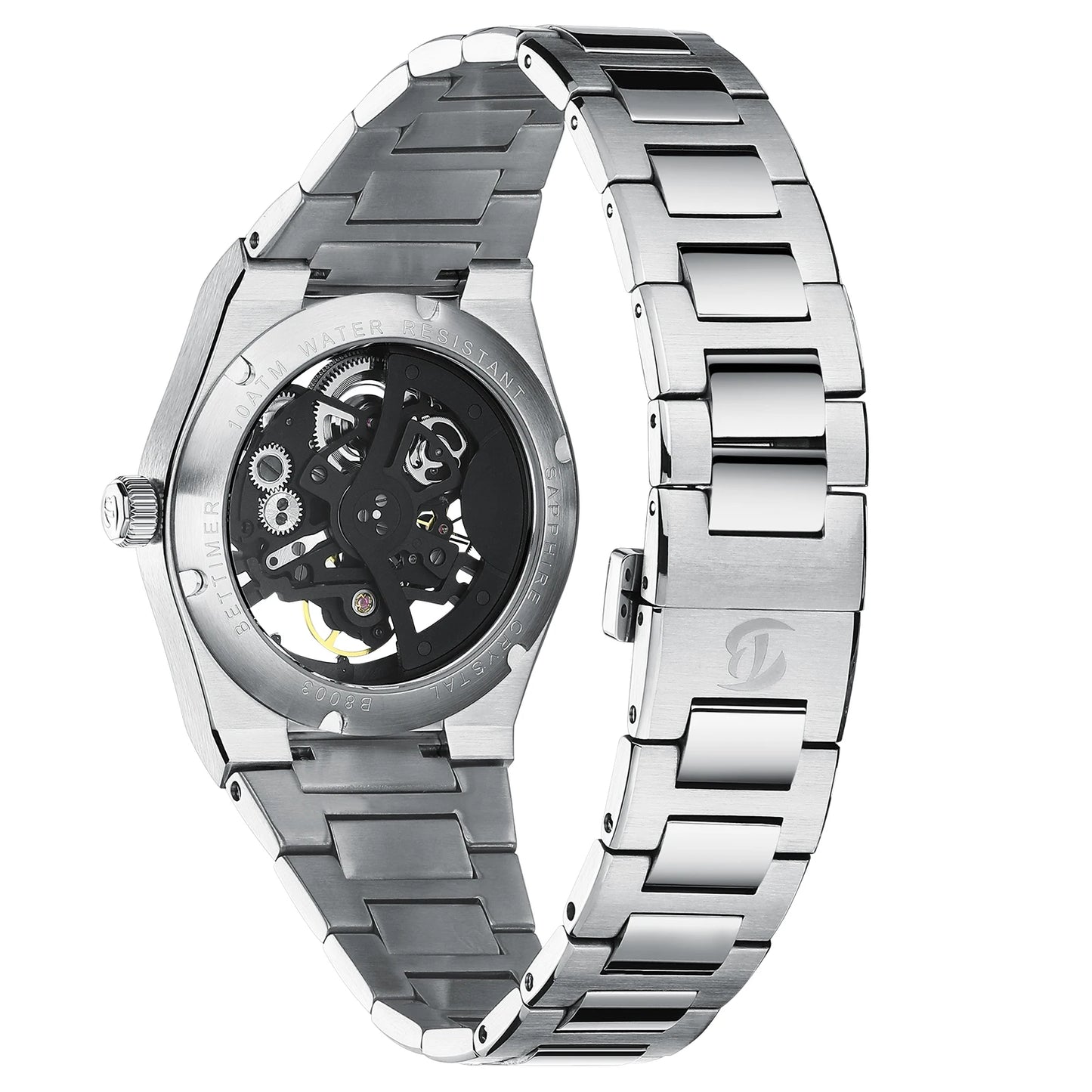 2025 New Bettimer Men's Hollow Automatic Mechanical Watch Sapphire Stainless Steel AR Coating Waterproof Business Clock BWG-9
