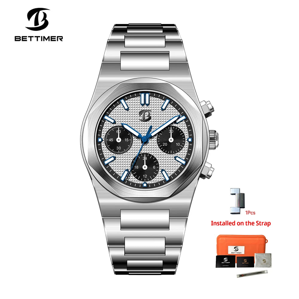 2024 New BETTIMER 38.5MM Men's Mechanical Watches ST1903 Fashion Chronograph Stainless Steel Sapphire Waterproof BWG-9 Clock