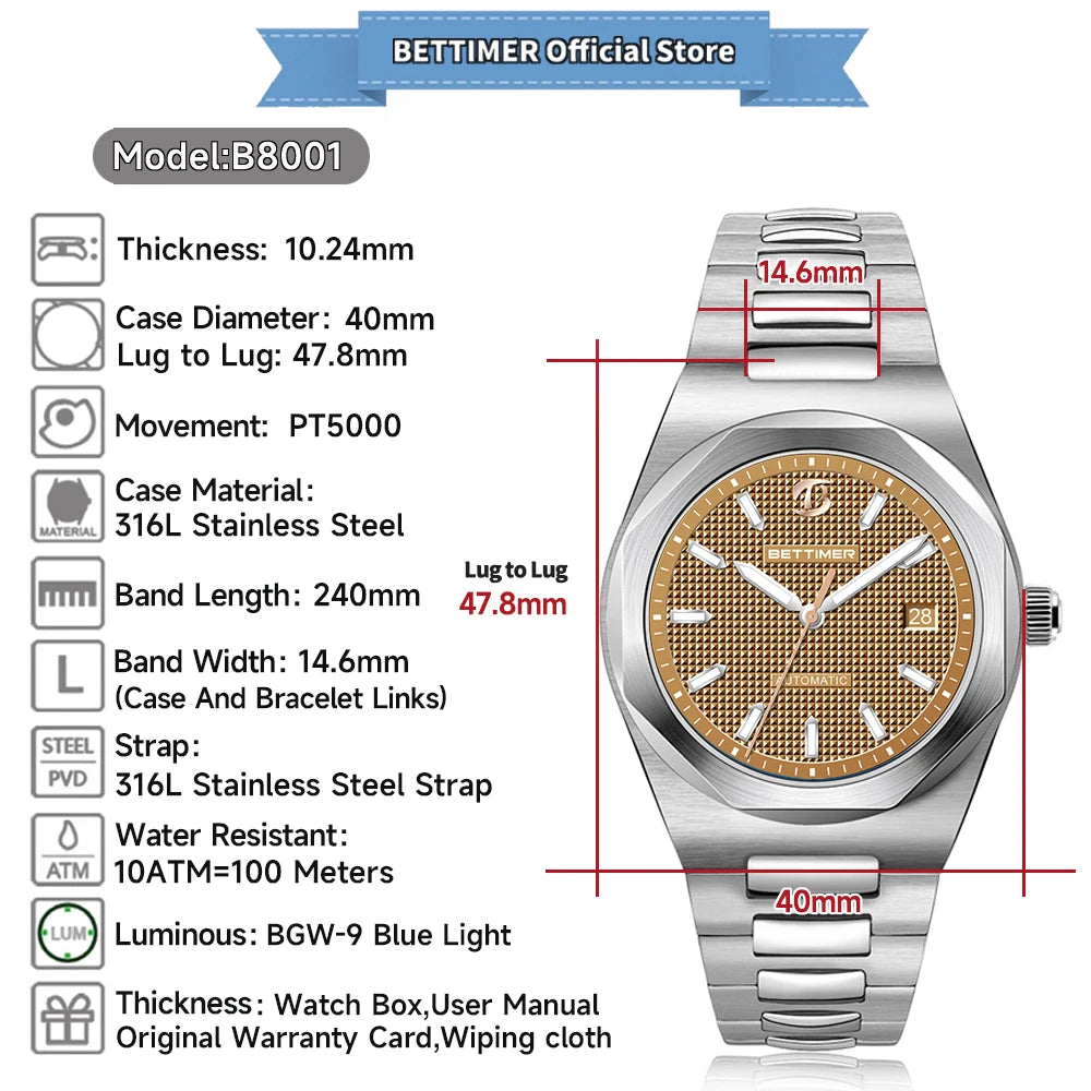 2025 New BETTIMER Men's Automatic Mechanical Watches PT5000 Sapphire Glass Luxury Sport 10Bar Clock BWG-9 B8001 V2 38.5mm