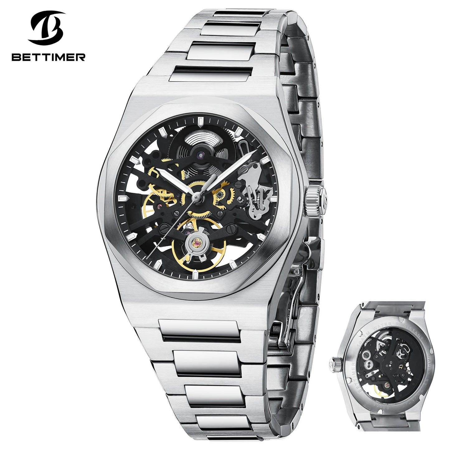 2025 New Bettimer Men's Hollow Automatic Mechanical Watch Sapphire Stainless Steel AR Coating Waterproof Business Clock BWG-9