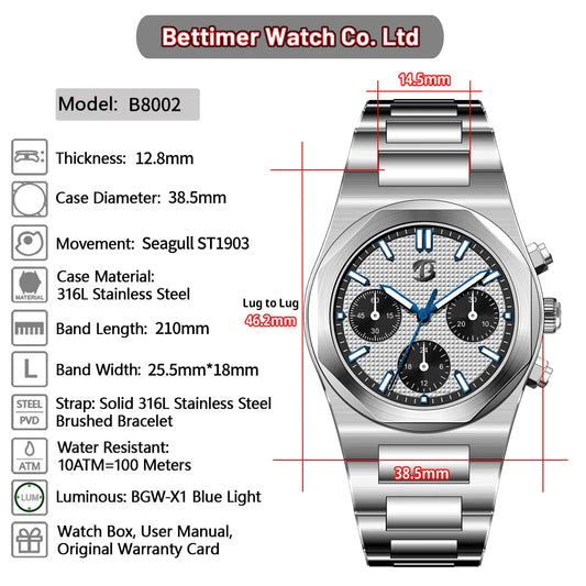 2024 New BETTIMER 38.5MM Men's Mechanical Watches ST1903 Fashion Chronograph Stainless Steel Sapphire Waterproof BWG-9 Clock