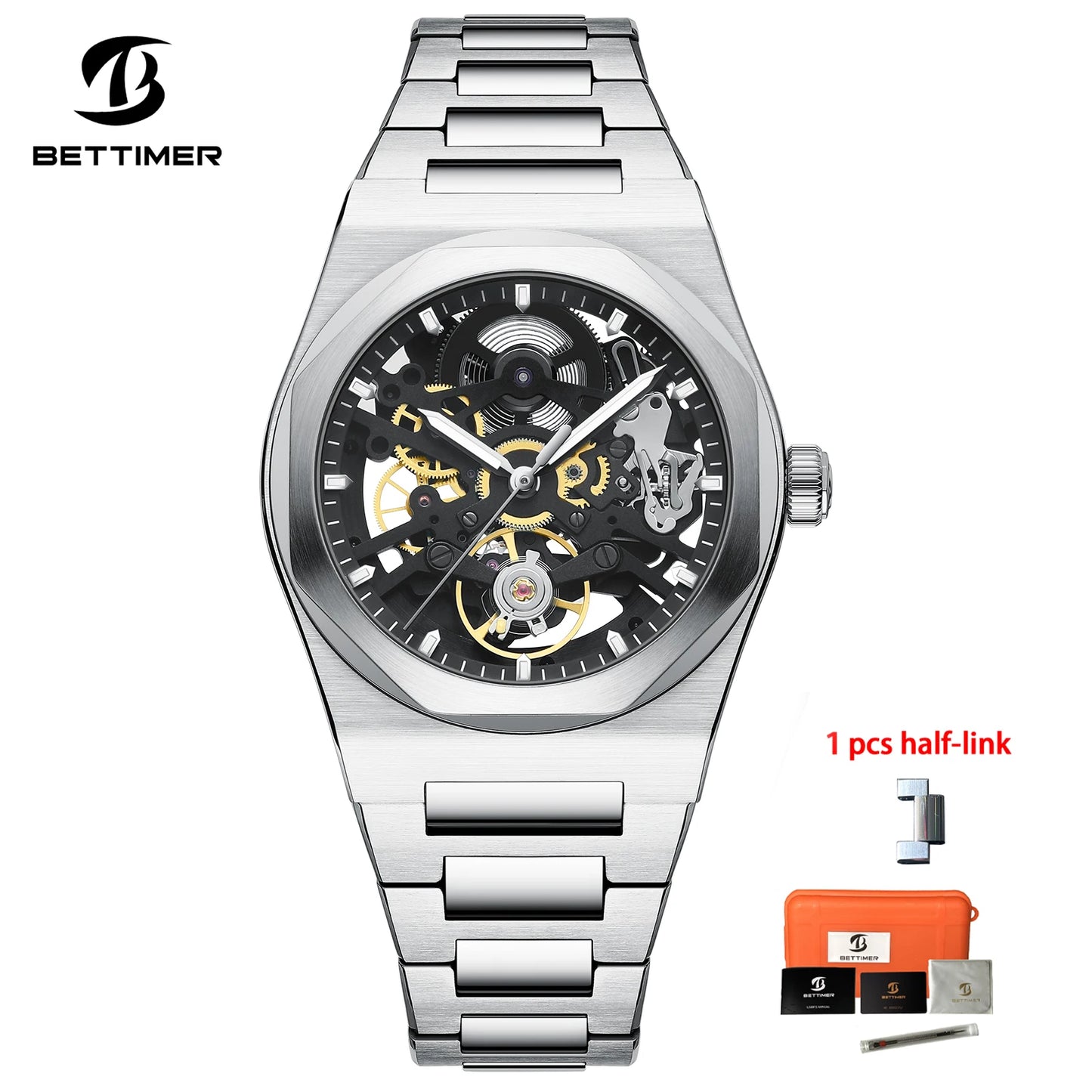 2025 New Bettimer Men's Hollow Automatic Mechanical Watch Sapphire Stainless Steel AR Coating Waterproof Business Clock BWG-9