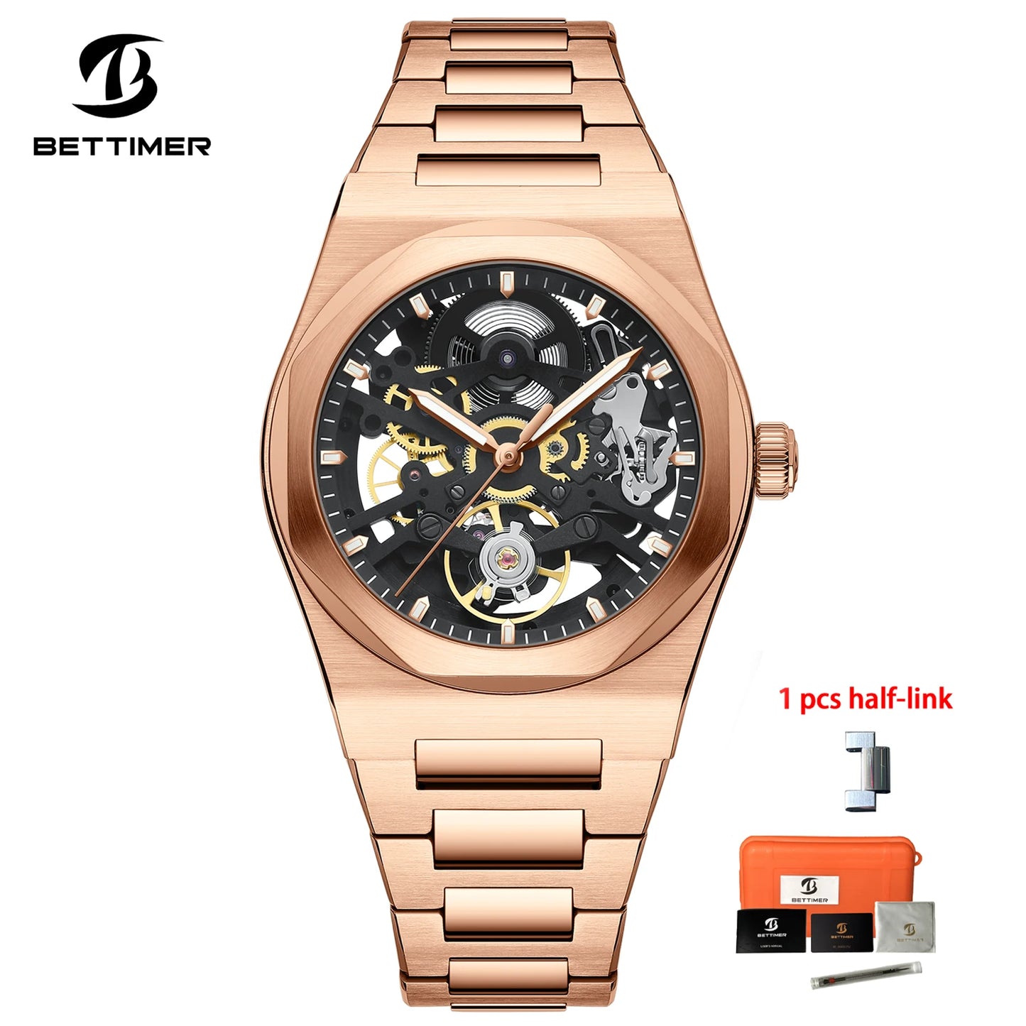 2025 New Bettimer Men's Hollow Automatic Mechanical Watch Sapphire Stainless Steel AR Coating Waterproof Business Clock BWG-9