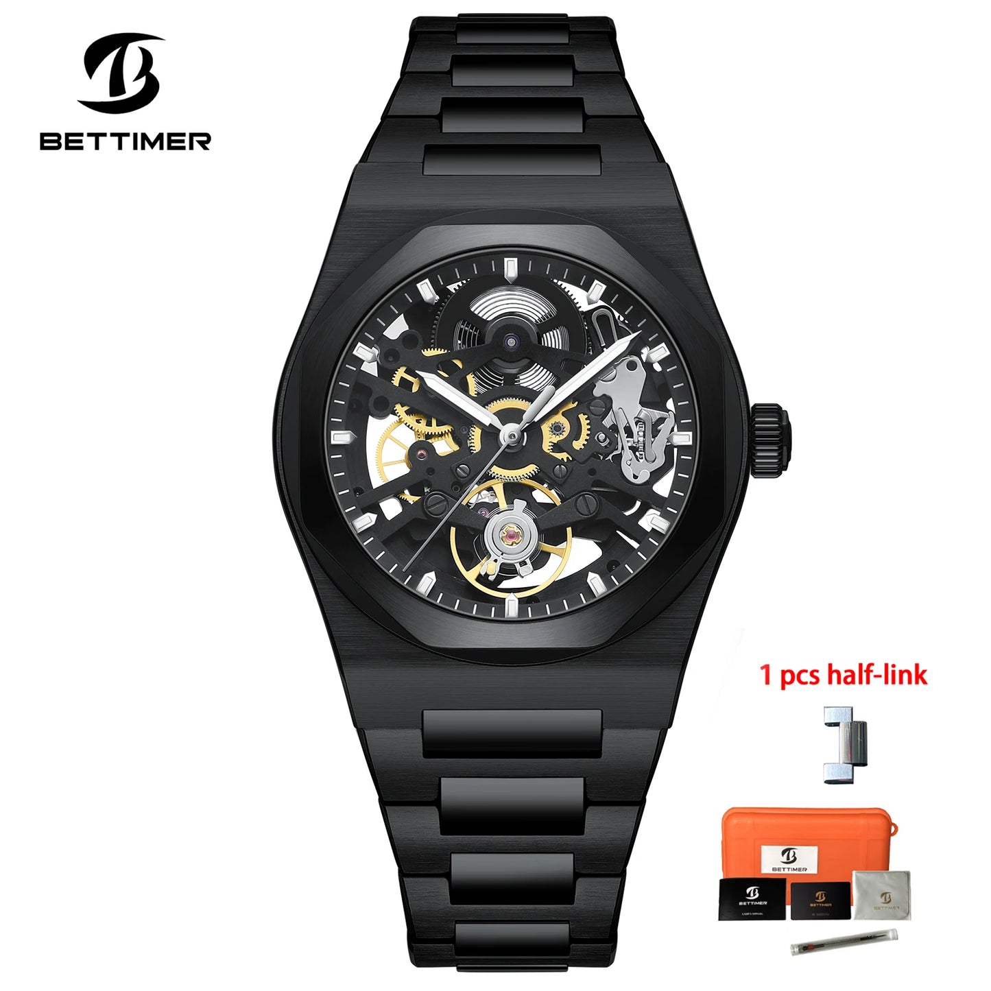 2025 New Bettimer Men's Hollow Automatic Mechanical Watch Sapphire Stainless Steel AR Coating Waterproof Business Clock BWG-9
