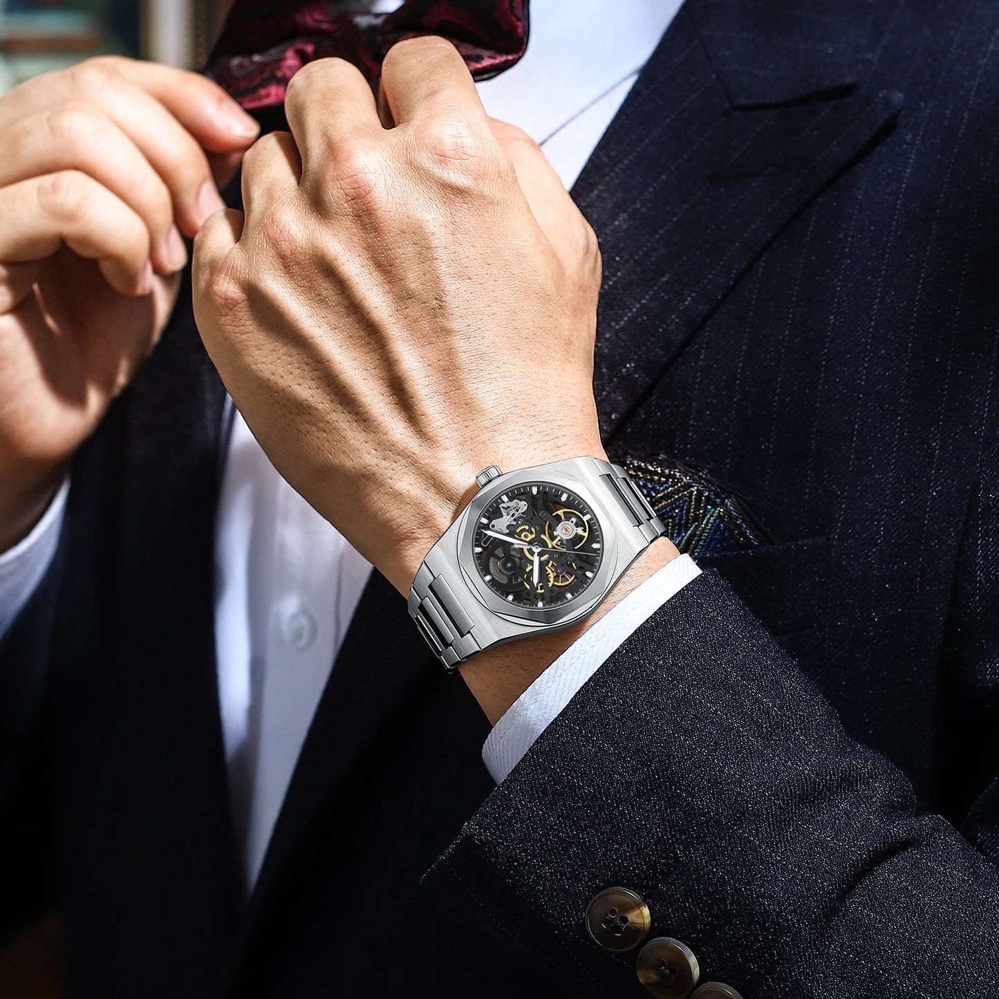 2025 New Bettimer Men's Hollow Automatic Mechanical Watch Sapphire Stainless Steel AR Coating Waterproof Business Clock BWG-9