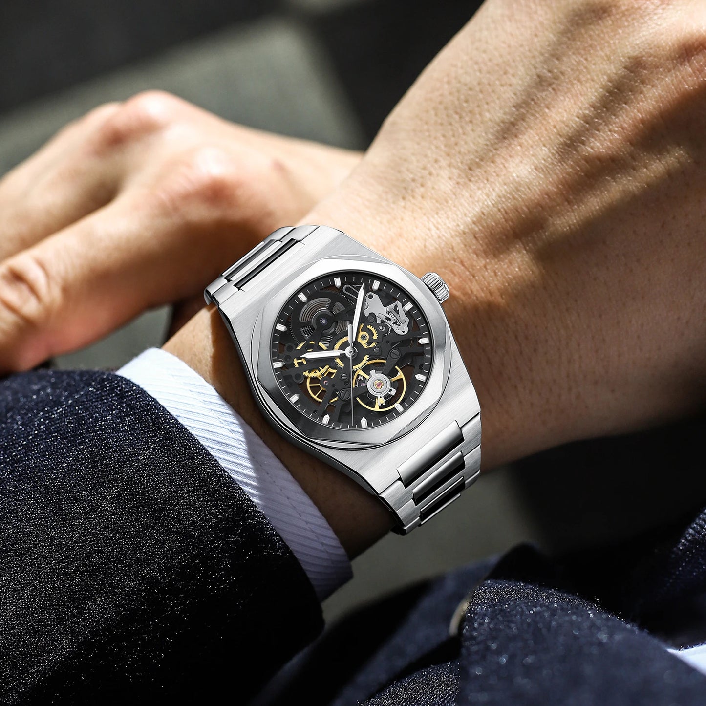 2025 New Bettimer Men's Hollow Automatic Mechanical Watch Sapphire Stainless Steel AR Coating Waterproof Business Clock BWG-9